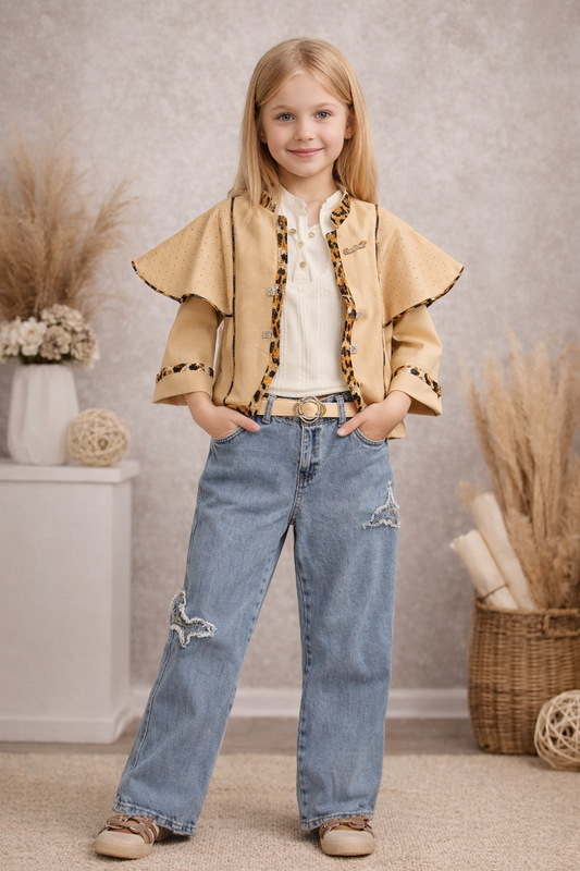 Mädchen Set 3-teilig Moderne Jacke, Oberteil und Jeans 3506 - Beige