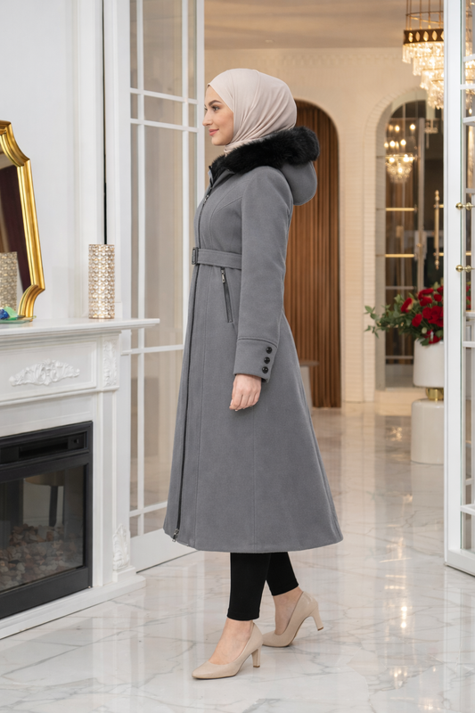 Midi-Wollmantel mit Pelzkragen und Gürtel 1397 - Anthrazit