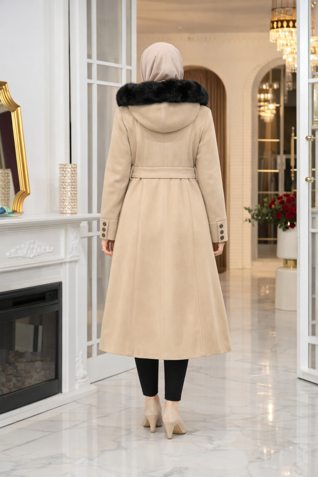 Midi-Wollmantel mit Pelzkragen und Gürtel 1397 - Beige