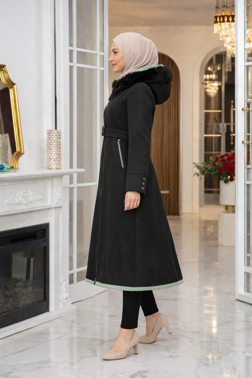 Midi-Wollmantel mit Pelzkragen und Gürtel 1397 - Schwarz