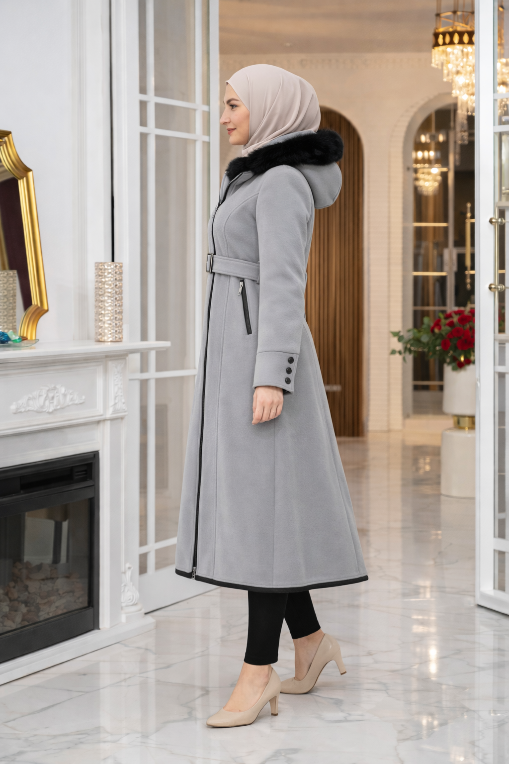 Midi-Wollmantel mit Pelzkragen und Gürtel 1397 - Grau