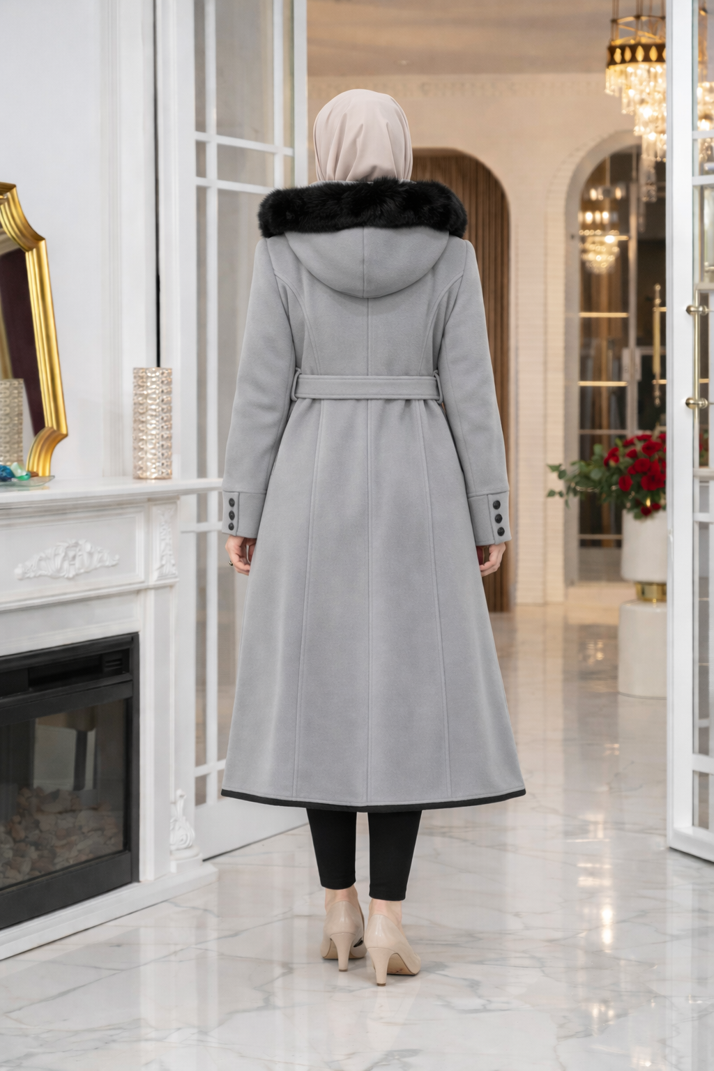 Midi-Wollmantel mit Pelzkragen und Gürtel 1397 - Grau