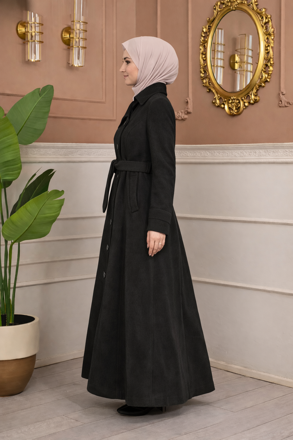 Langer Wollmantel mit Schrägkragen und Gürtel 1398 - Anthrazit