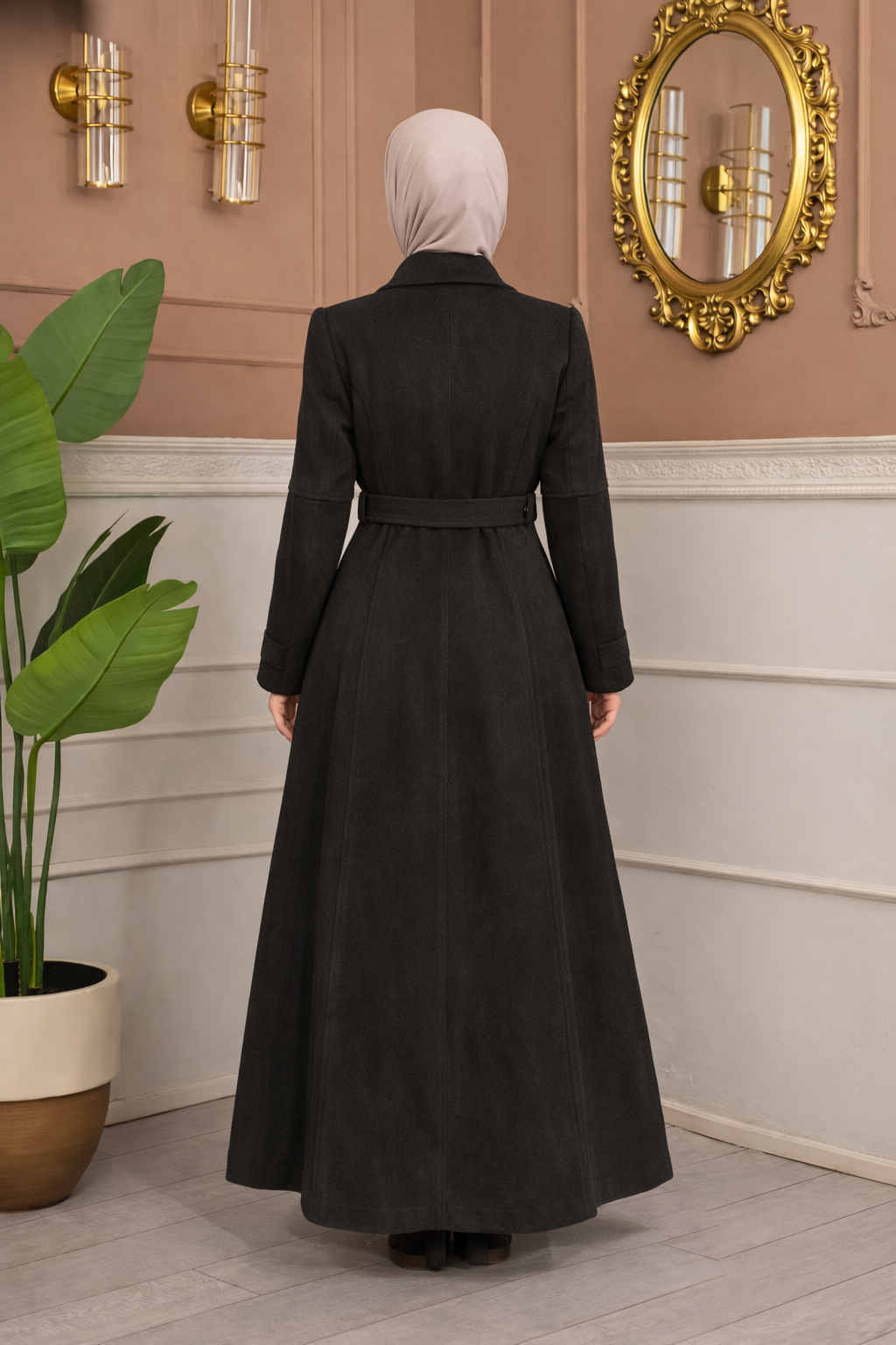 Langer Wollmantel mit Schrägkragen und Gürtel 1398 - Anthrazit