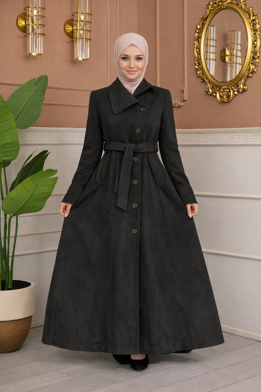 Langer Wollmantel mit Schrägkragen und Gürtel 1398 - Anthrazit