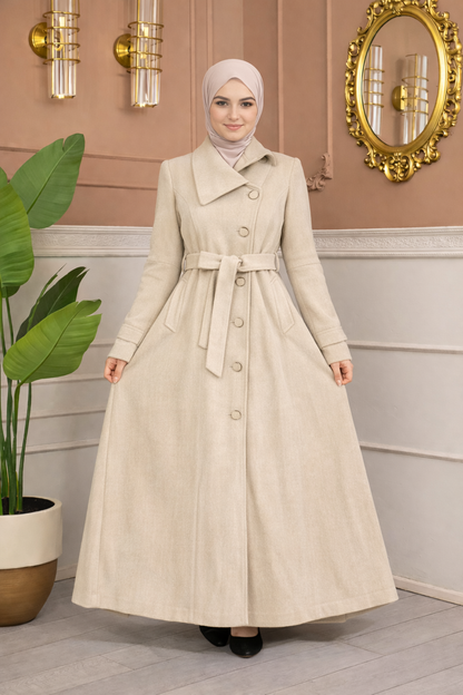 Langer Wollmantel mit Schrägkragen und Gürtel 1398 - Ecru