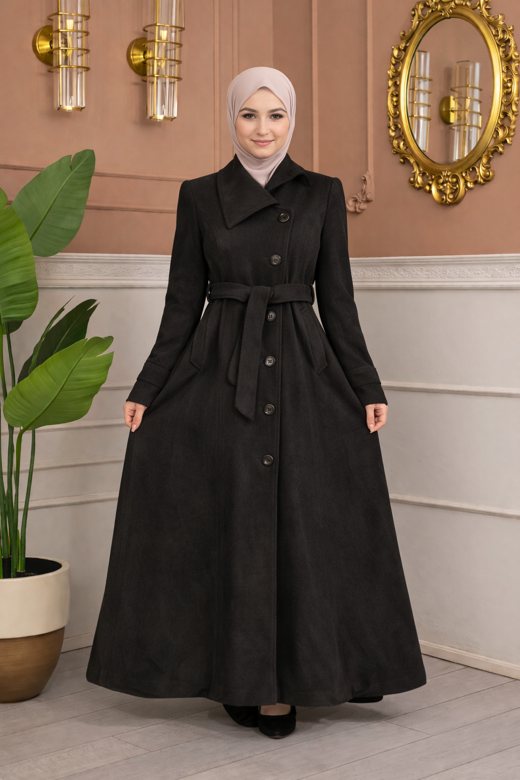 Langer Wollmantel mit Schrägkragen und Gürtel 1398 - Schwarz