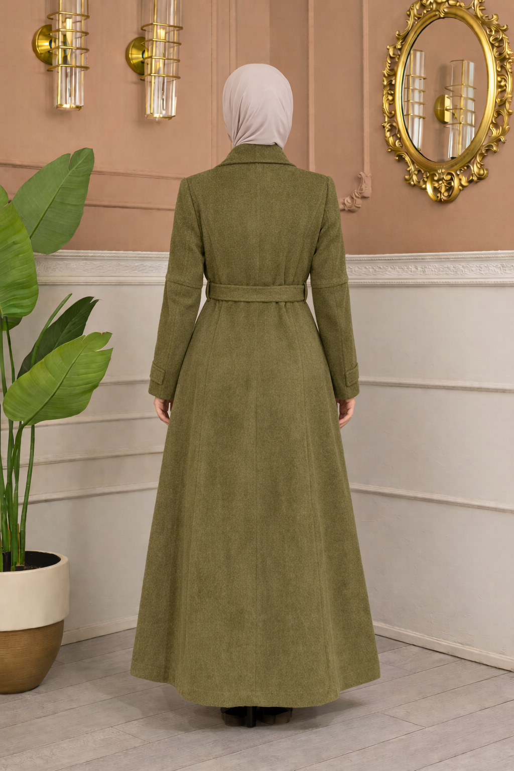 Langer Wollmantel mit Schrägkragen und Gürtel 1398 - Mausgrau