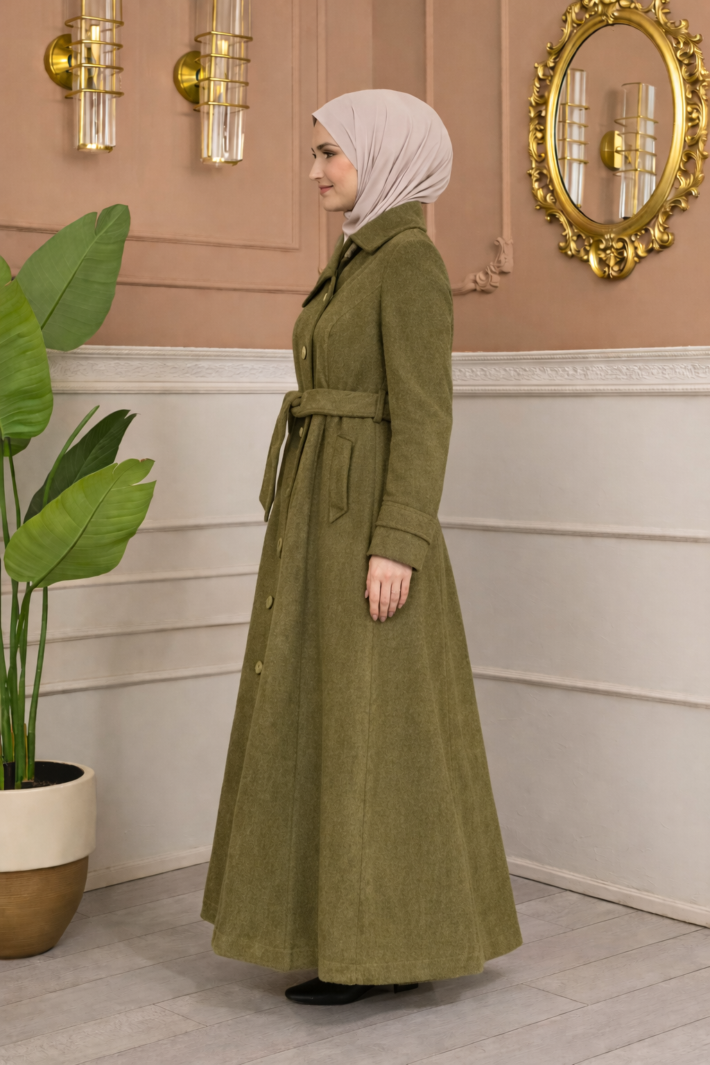 Langer Wollmantel mit Schrägkragen und Gürtel 1398 - Mausgrau