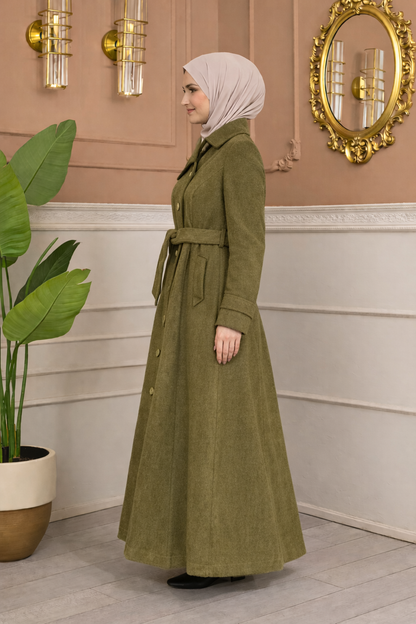 Langer Wollmantel mit Schrägkragen und Gürtel 1398 - Mausgrau