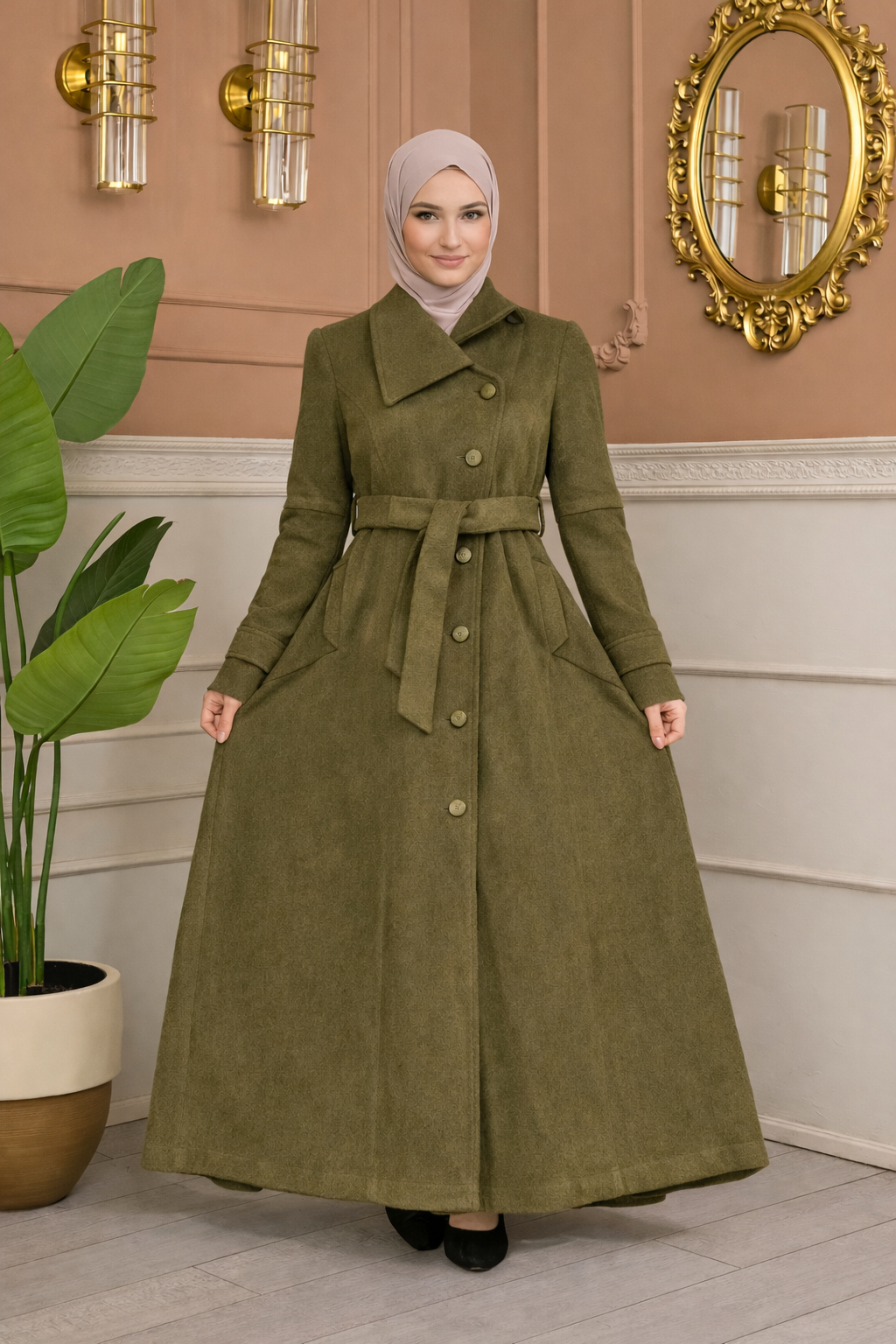 Langer Wollmantel mit Schrägkragen und Gürtel 1398 - Mausgrau