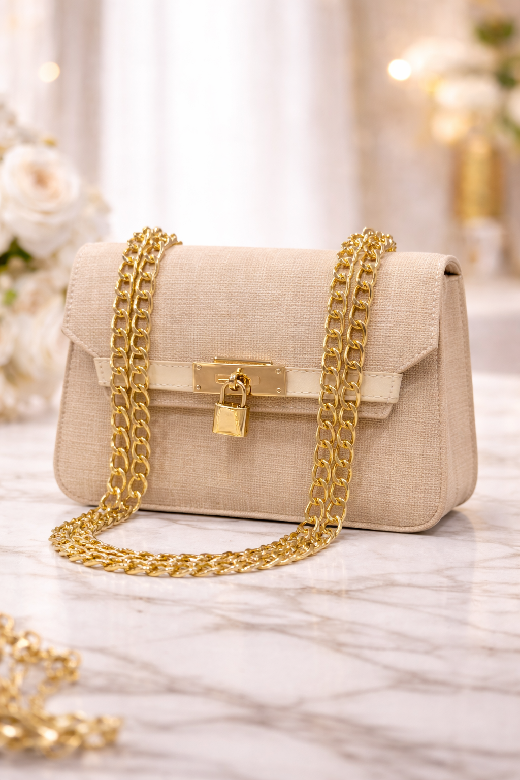 Elegante Handtasche mit langer Metallkette 991 - Beige