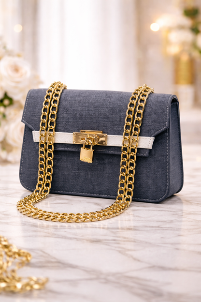 Elegante Handtasche mit langer Metallkette 991 - Jeansfarbe