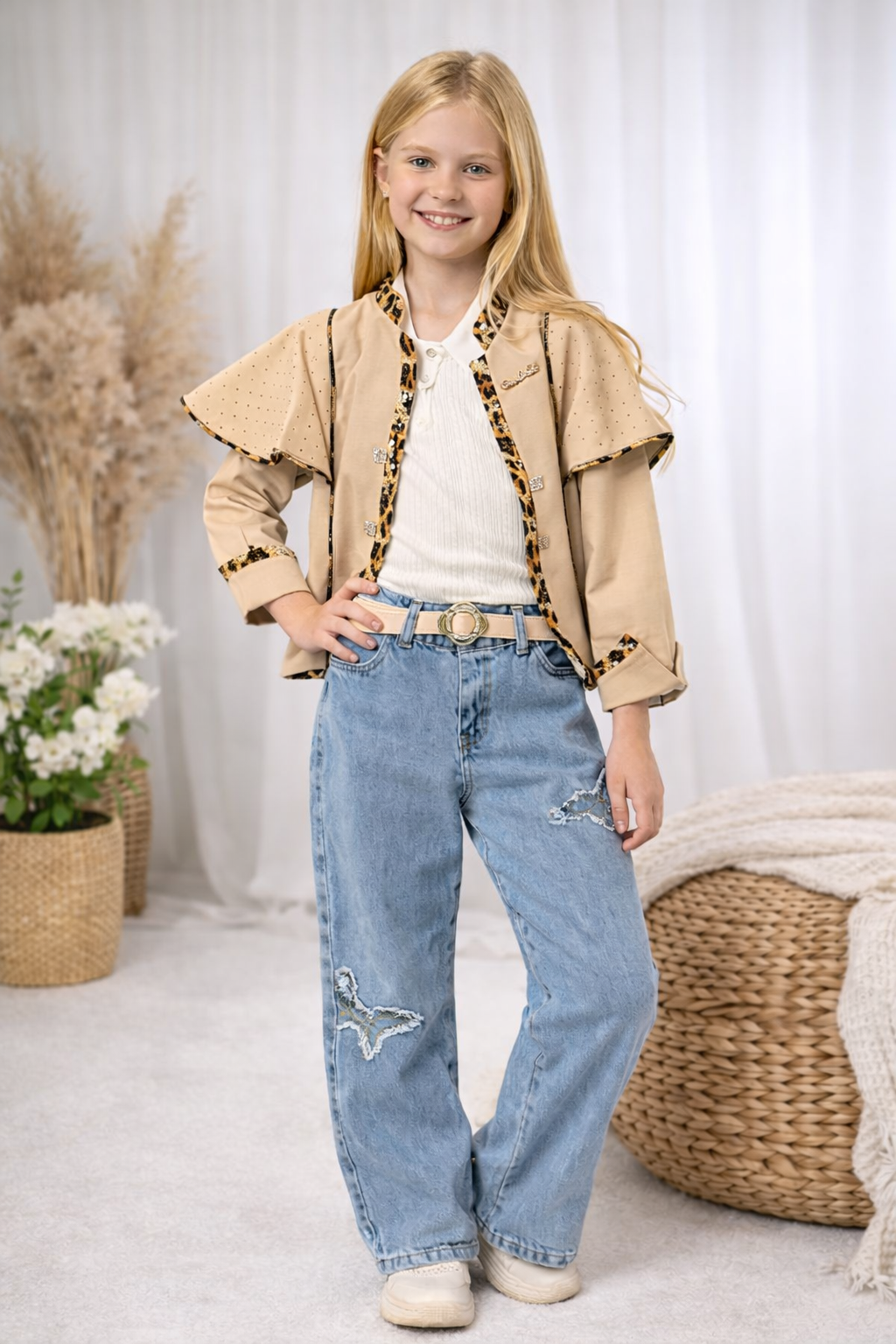 Mädchen Set 3-teilig Moderne Jacke, Oberteil und Jeans 3506 - Ecru
