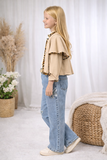 Mädchen Set 3-teilig Moderne Jacke, Oberteil und Jeans 3506 - Ecru