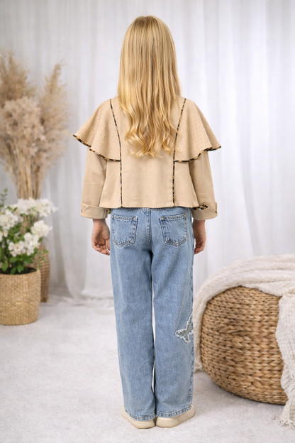 Mädchen Set 3-teilig Moderne Jacke, Oberteil und Jeans 3506 - Ecru