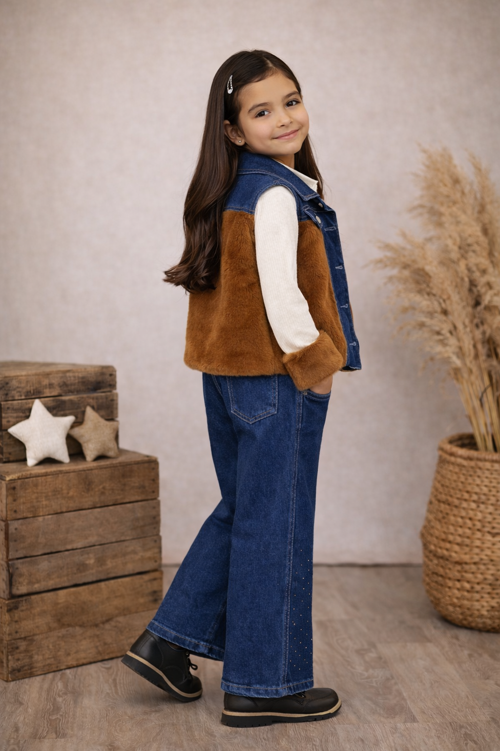 Modisches 3-teiliges Jeans-Set für Mädchen 3526 - Braun