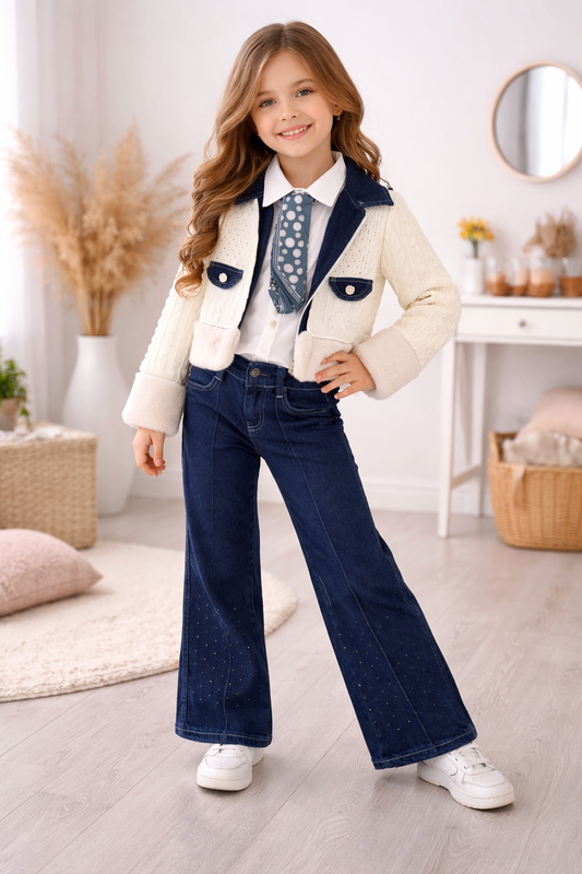 Modisches 3-teiliges Jeans-Set für Mädchen 3528 - Weiß
