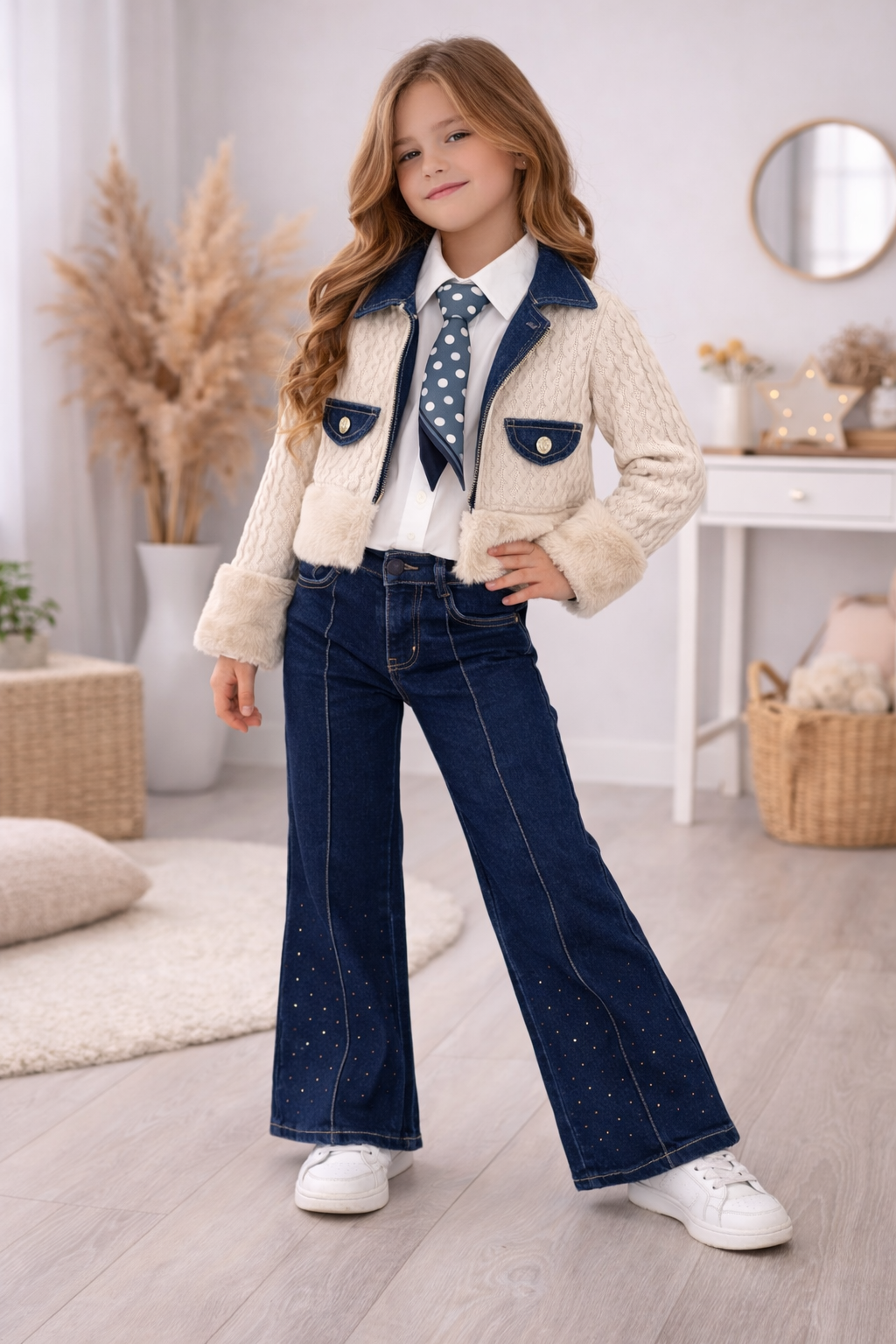 Modisches 3-teiliges Jeans-Set für Mädchen 3528 - Mausgrau