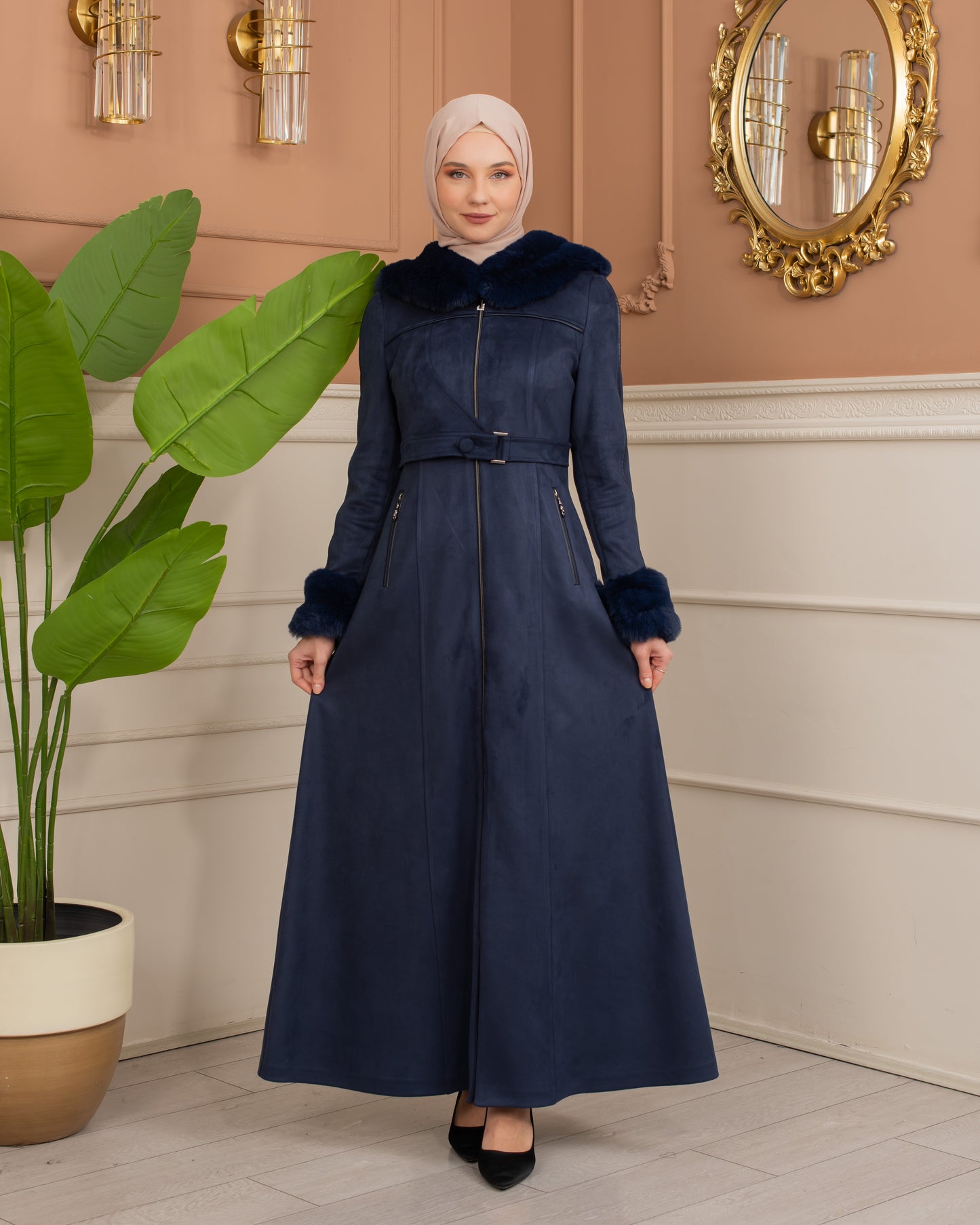 Damen Wildleder-Mantel mit Pelzfutter und Voll-Kabischon 1367 - Dunkelblau