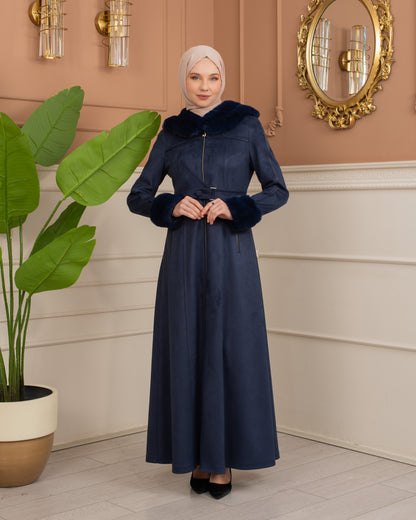 Damen Wildleder-Mantel mit Pelzfutter und Voll-Kabischon 1367 - Dunkelblau