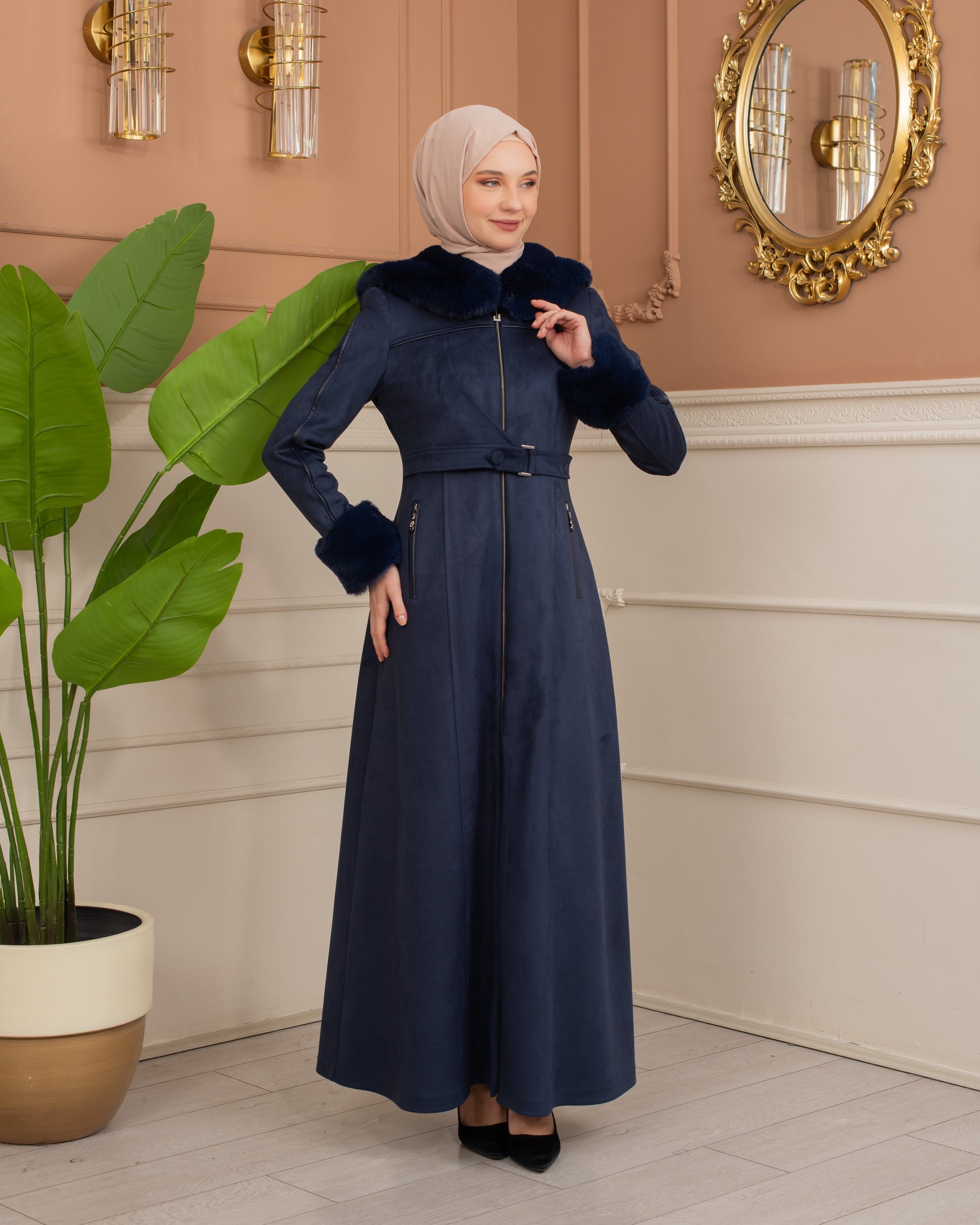 Damen Wildleder-Mantel mit Pelzfutter und Voll-Kabischon 1367 - Dunkelblau