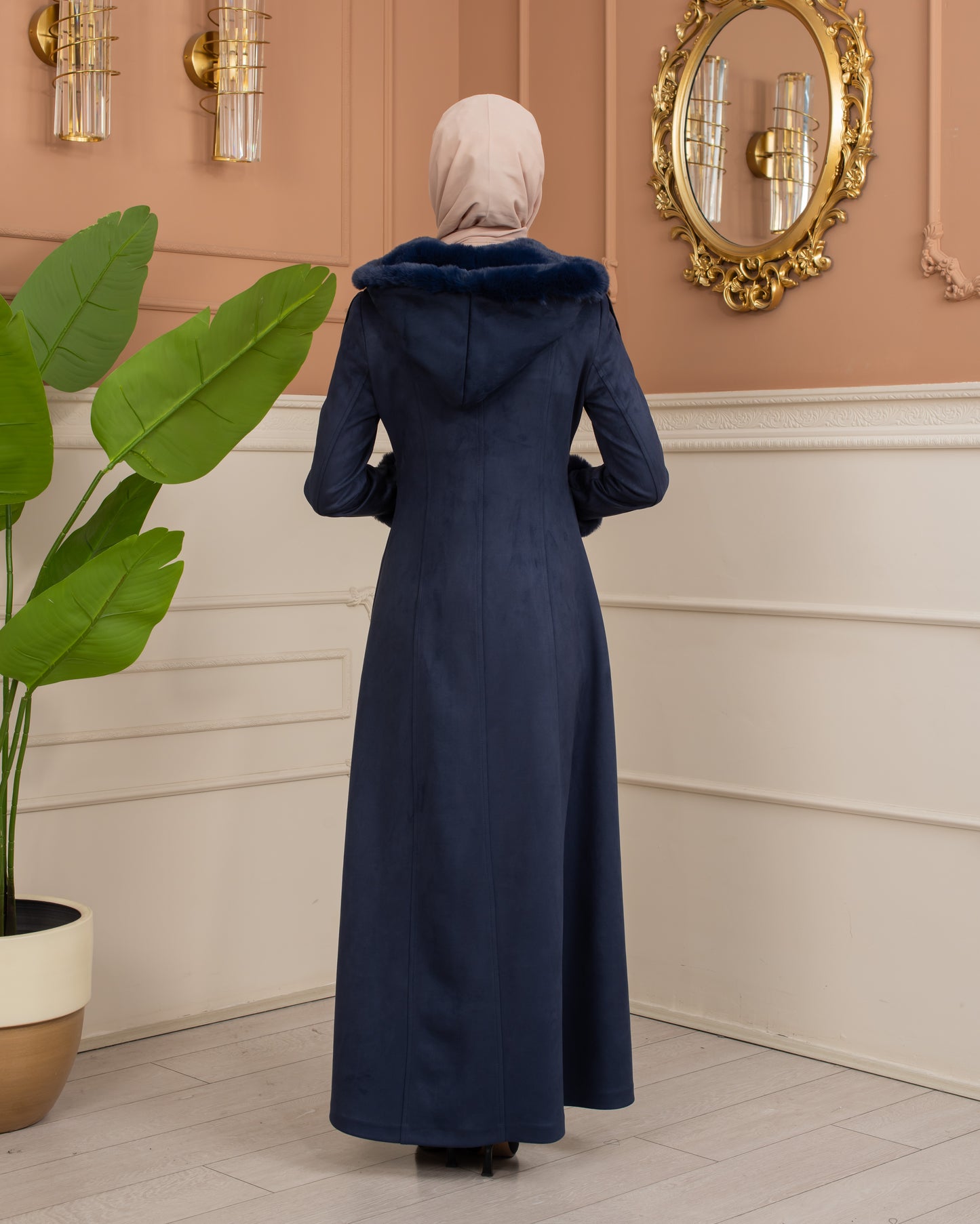 Damen Wildleder-Mantel mit Pelzfutter und Voll-Kabischon 1367 - Dunkelblau