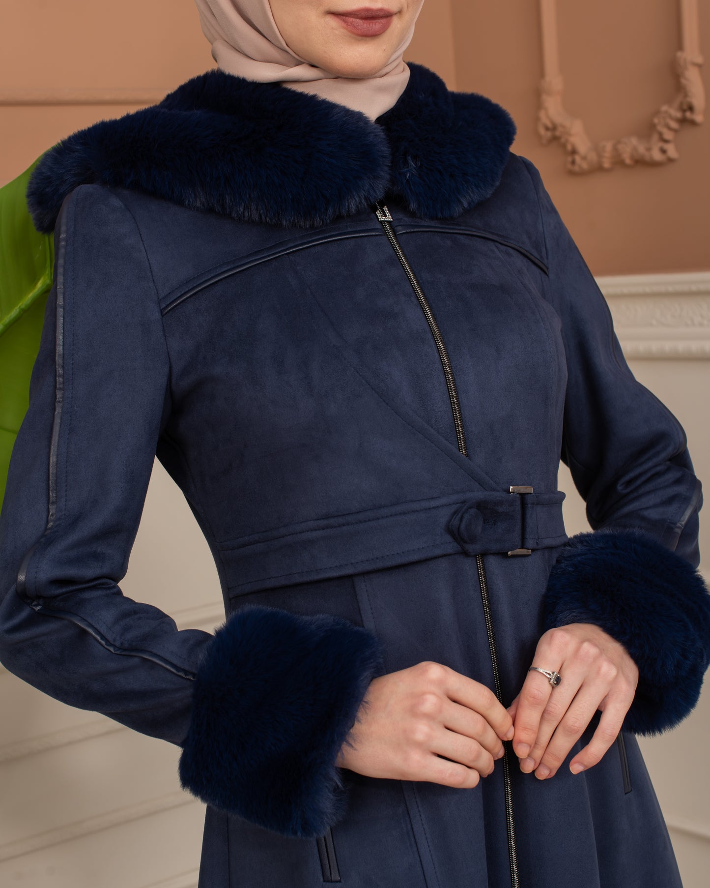 Damen Wildleder-Mantel mit Pelzfutter und Voll-Kabischon 1367 - Dunkelblau