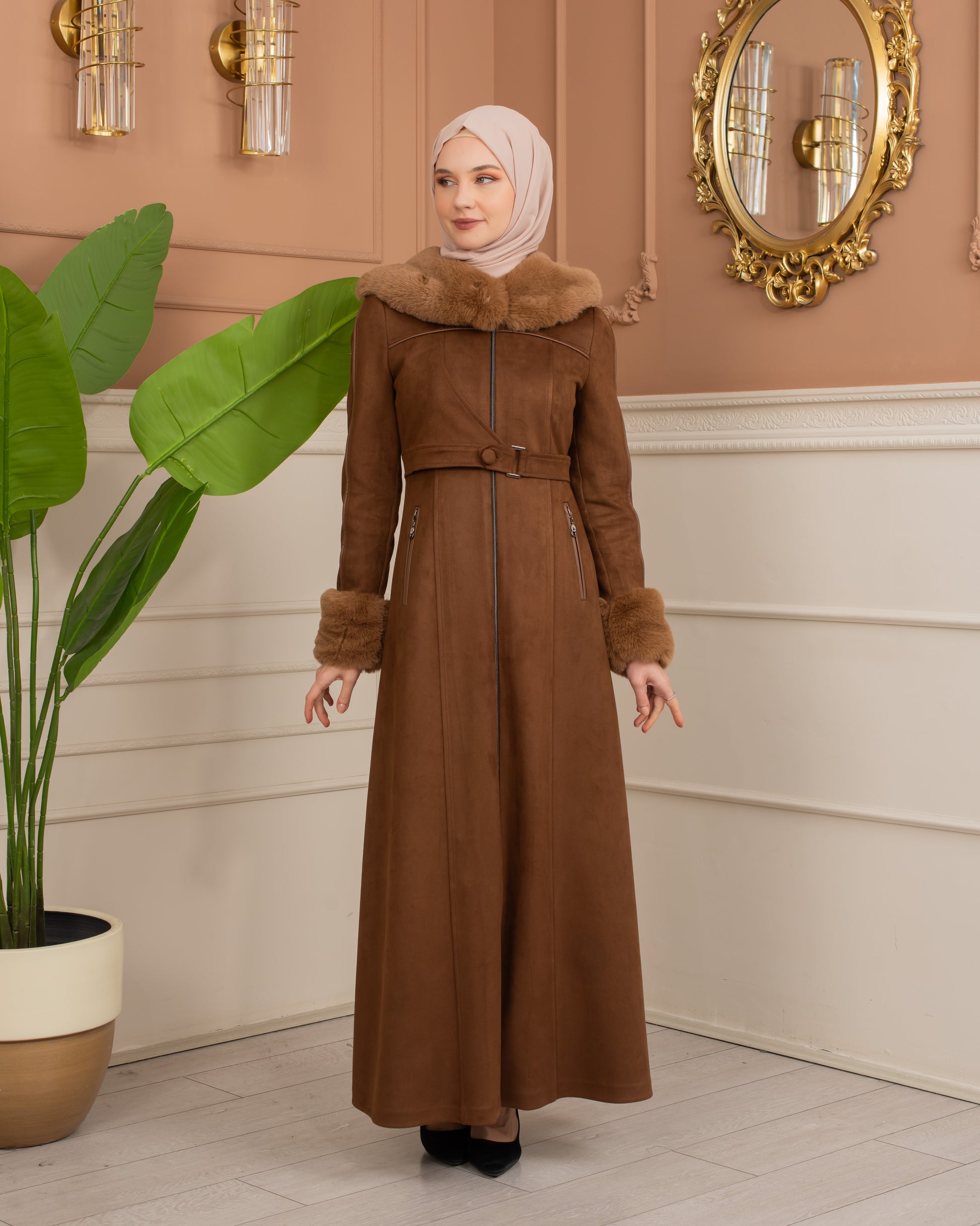 Damen Wildleder-Mantel mit Pelzfutter und Voll-Kabischon 1367 - Braun