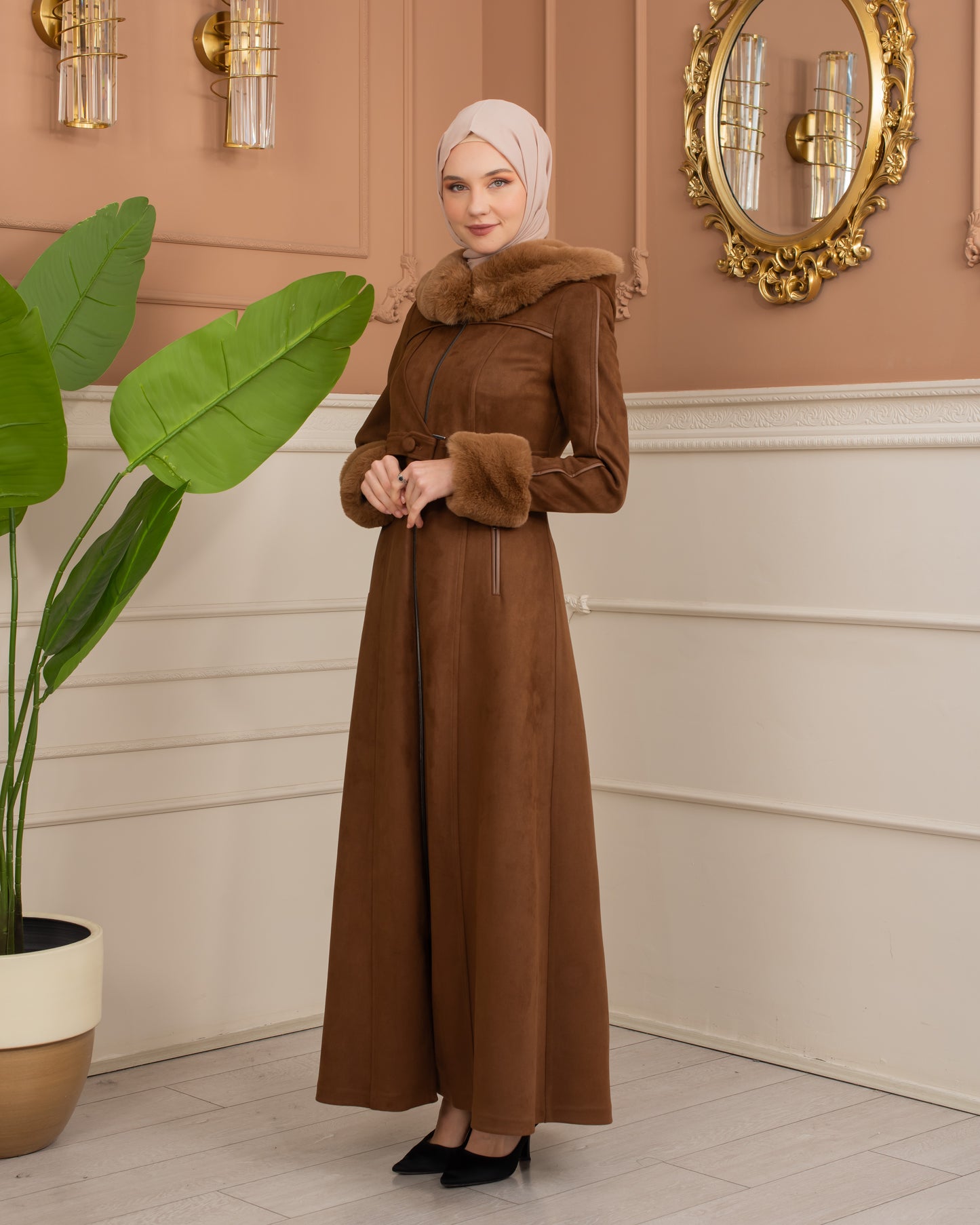 Damen Wildleder-Mantel mit Pelzfutter und Voll-Kabischon 1367 - Braun