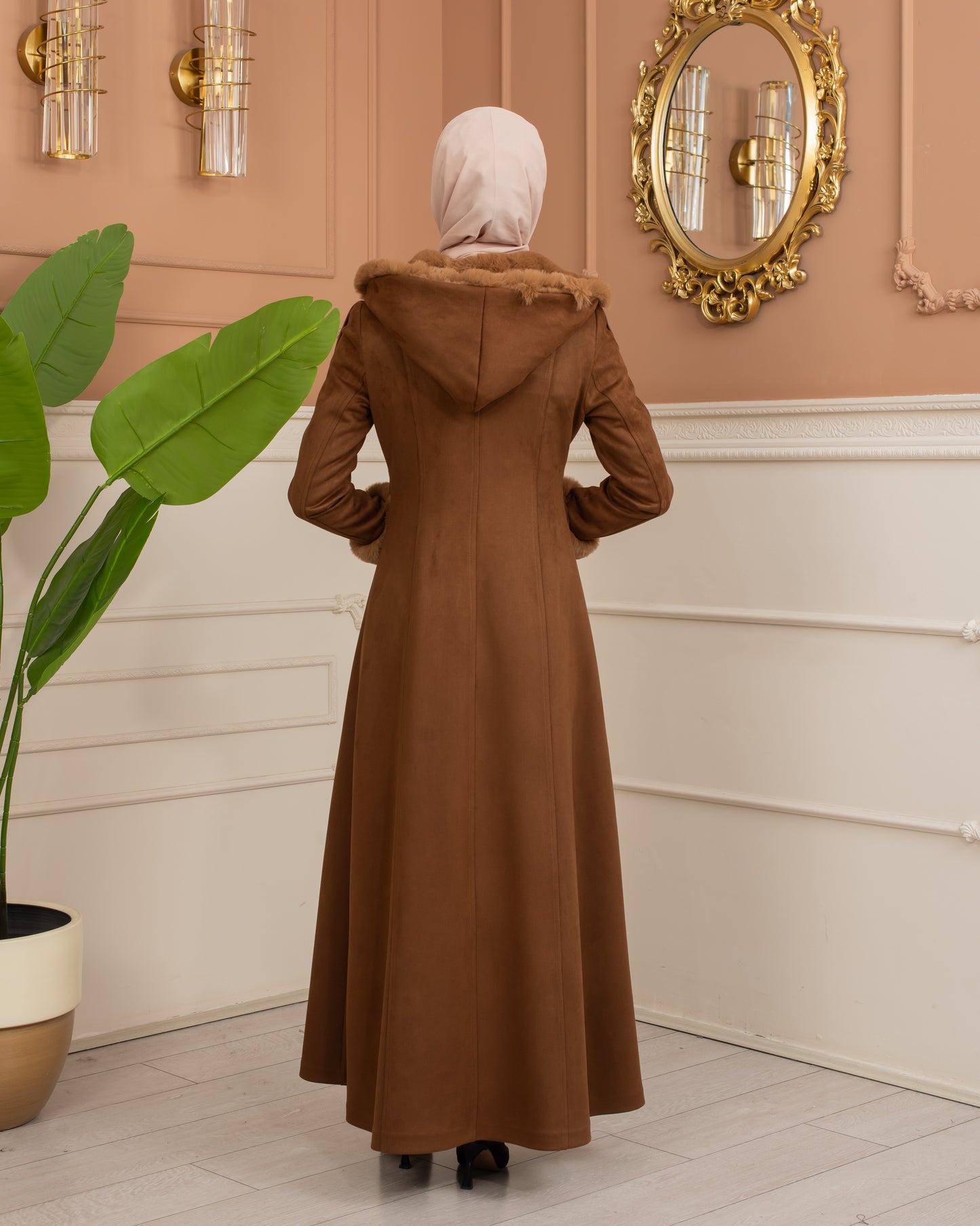 Damen Wildleder-Mantel mit Pelzfutter und Voll-Kabischon 1367 - Braun