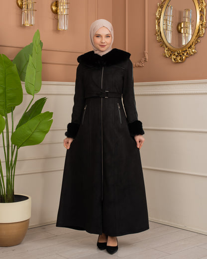 Damen Wildleder-Mantel mit Pelzfutter und Voll-Kabischon 1367 - Schwarz