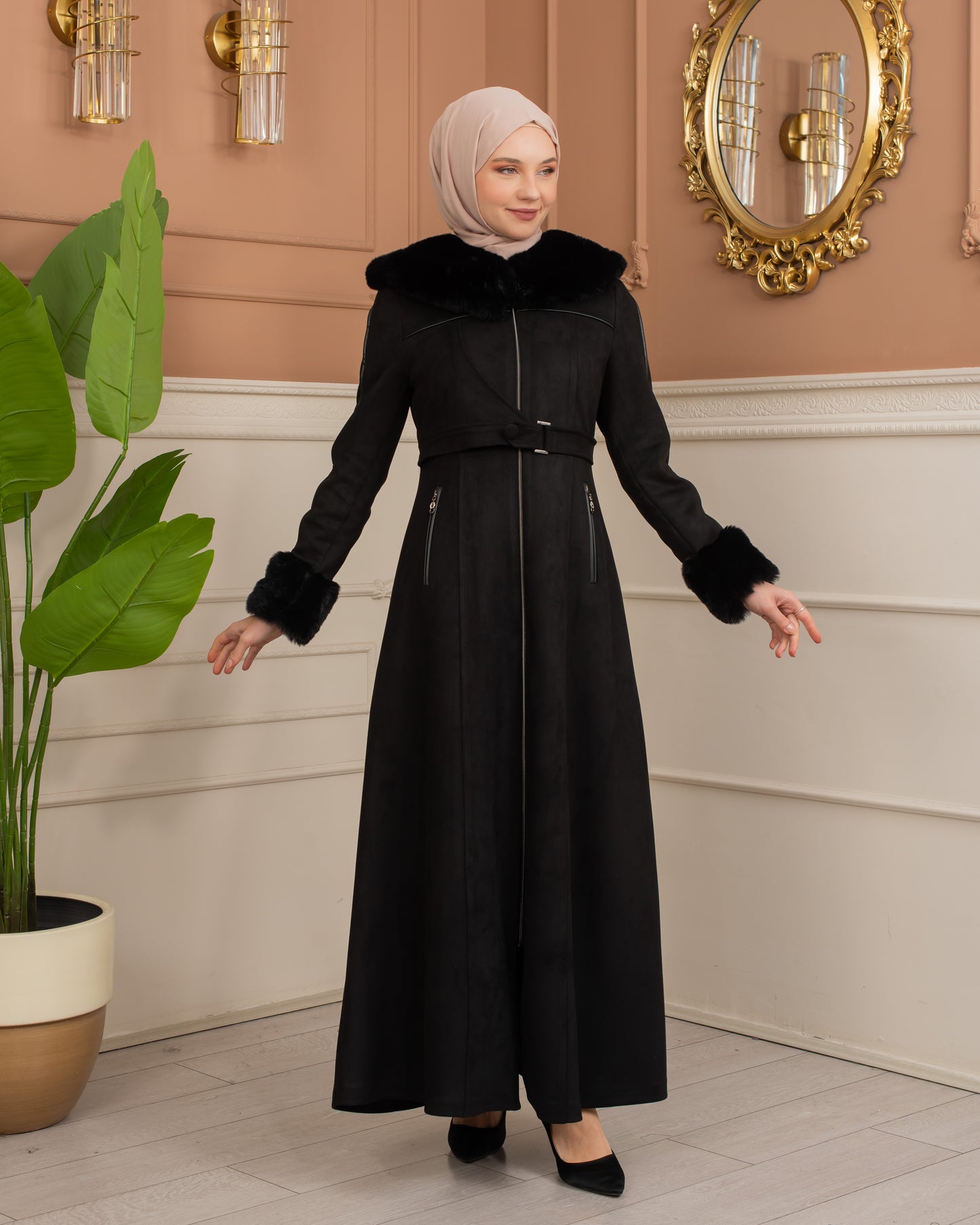 Damen Wildleder-Mantel mit Pelzfutter und Voll-Kabischon 1367 - Schwarz