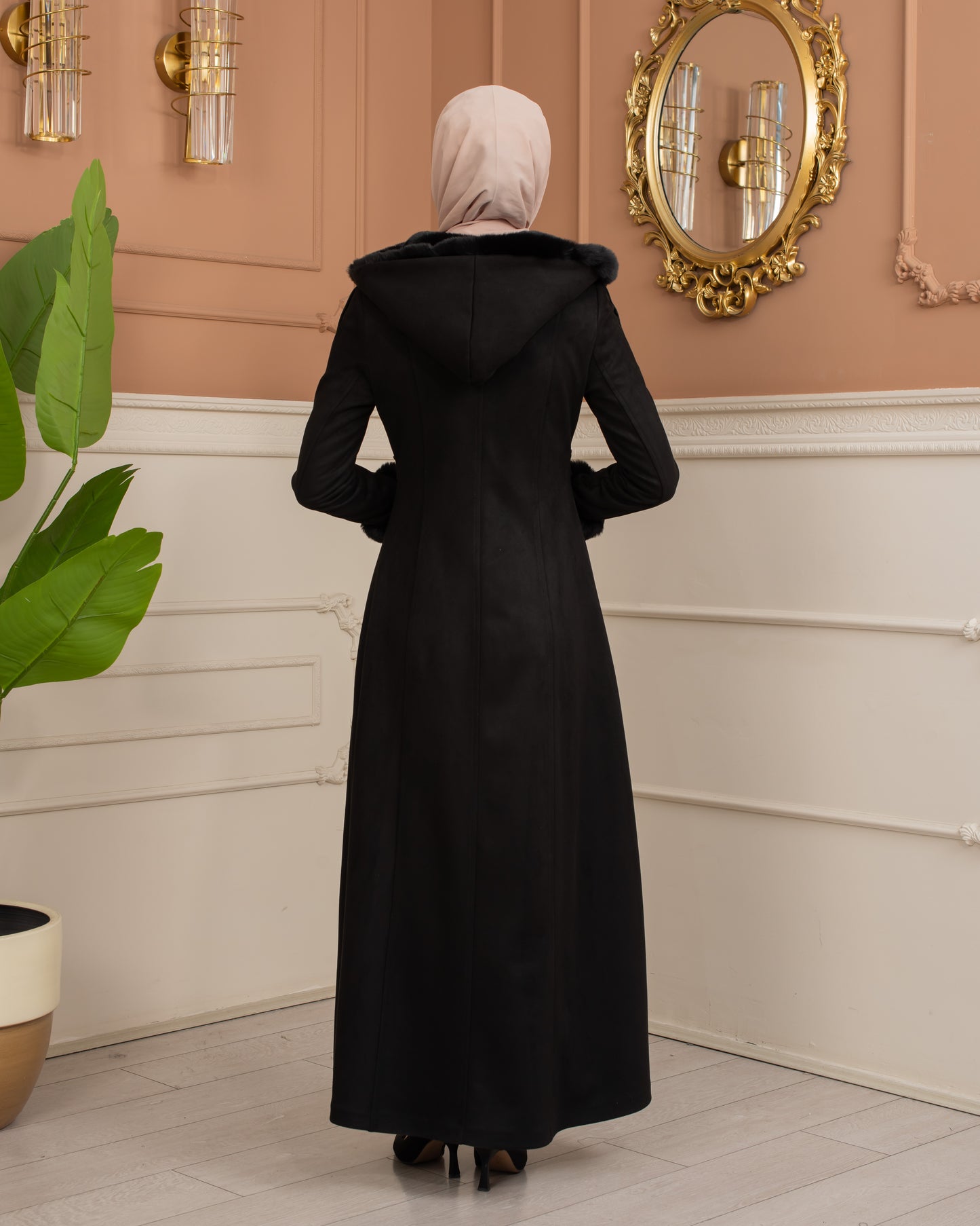 Damen Wildleder-Mantel mit Pelzfutter und Voll-Kabischon 1367 - Schwarz