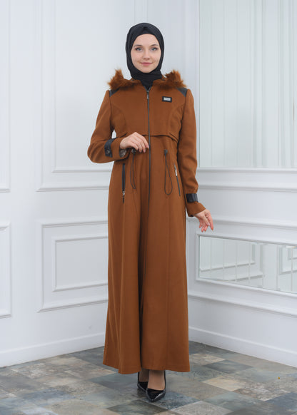 Modamix Hooded Zippered Stylish Womens Coat 1300 - Cognac