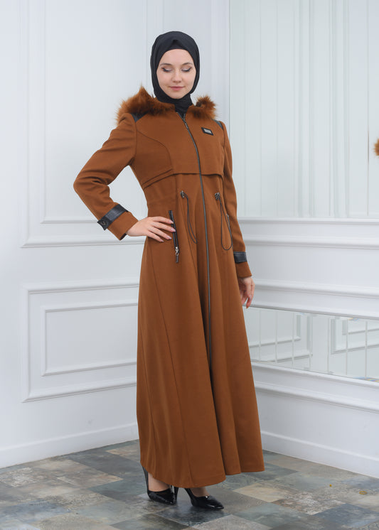 Modamix Hooded Zippered Stylish Womens Coat 1300 - Cognac