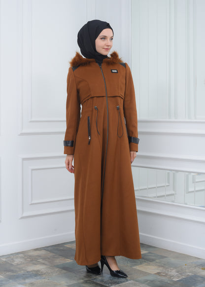 Modamix Hooded Zippered Stylish Womens Coat 1300 - Cognac