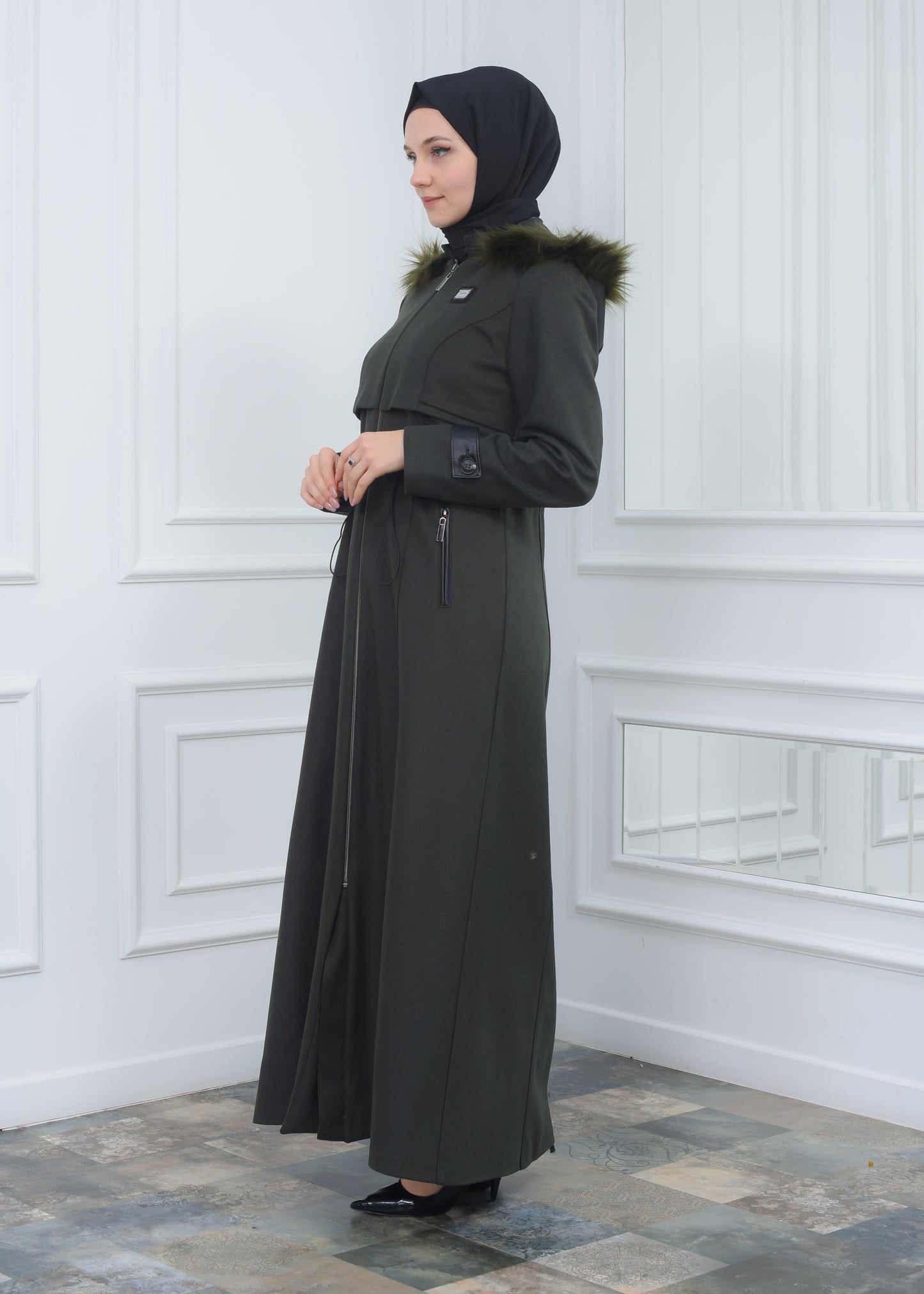 Modamix Hooded Zippered Stylish Womens Coat 1300 - Khaki