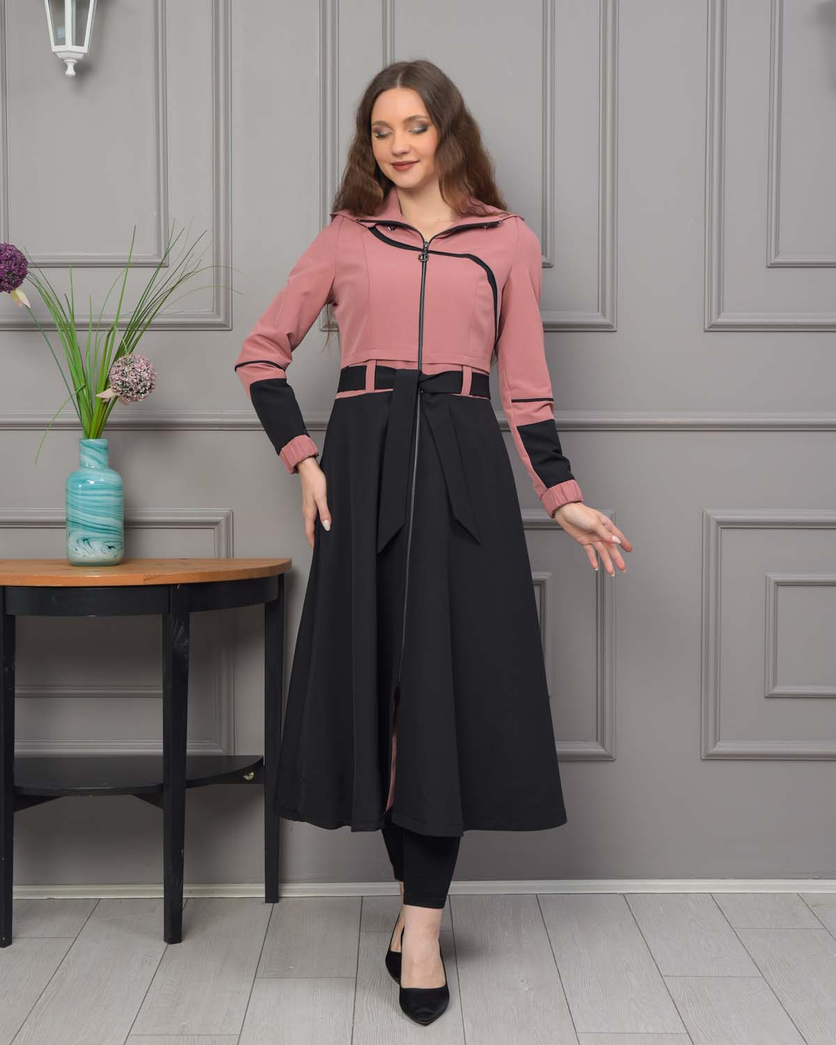 Regen-Trenchcoat aus Fallschirmstoff mit abnehmbarer Kapuze 1223 - Rosa