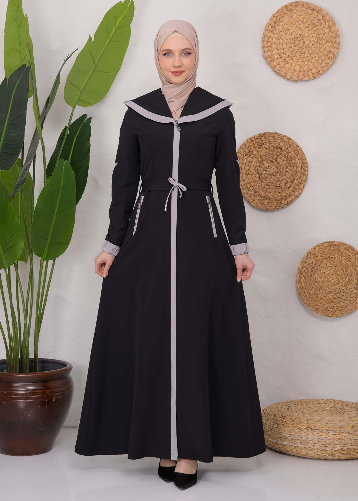 Langer Parachute-Regenmantel mit Kapuze und Satinfutter 1221 - Schwarz