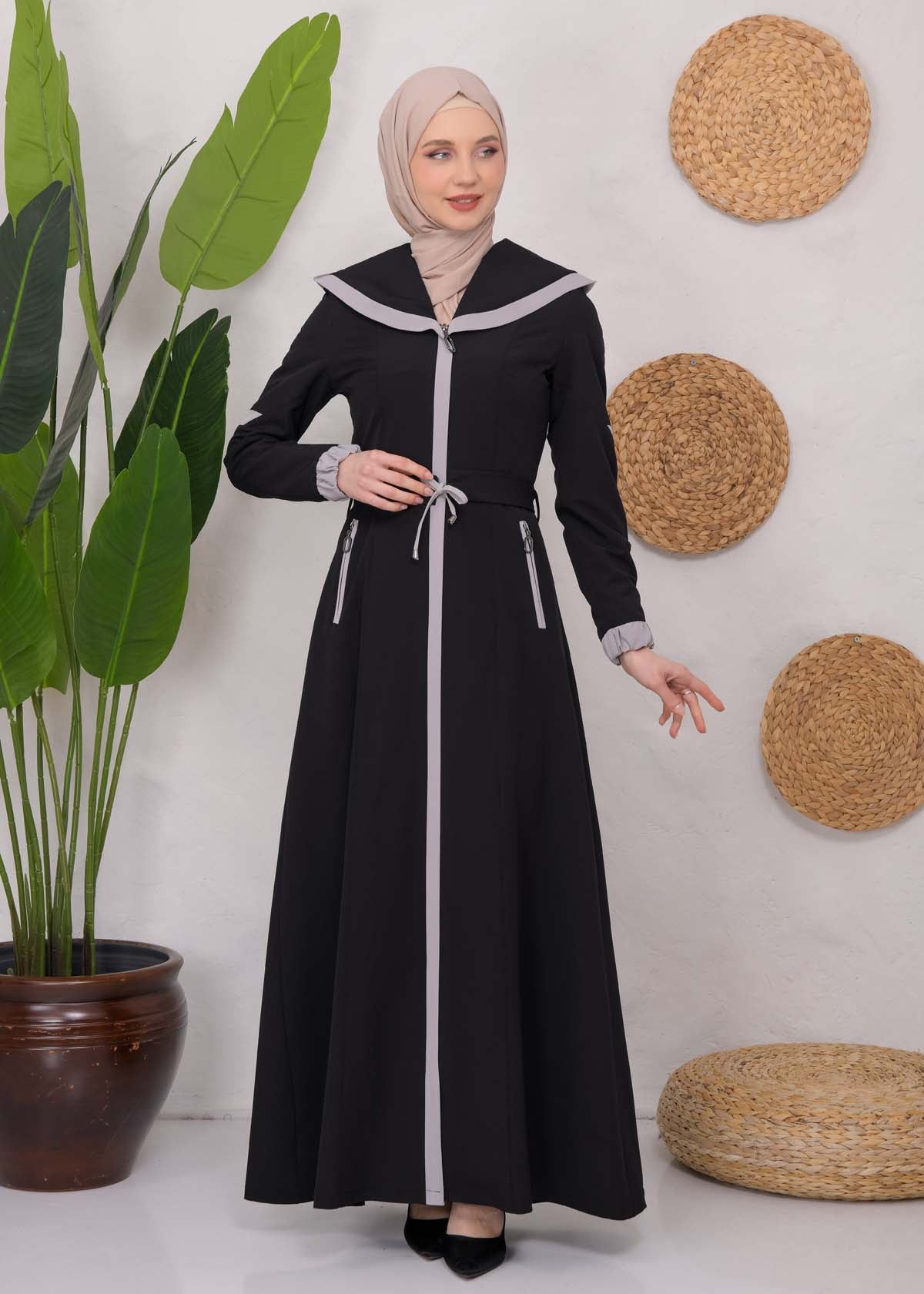 Langer Parachute-Regenmantel mit Kapuze und Satinfutter 1221 - Schwarz