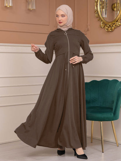 Modest Abaya With Flared Sleeve Detail 677 - Braun