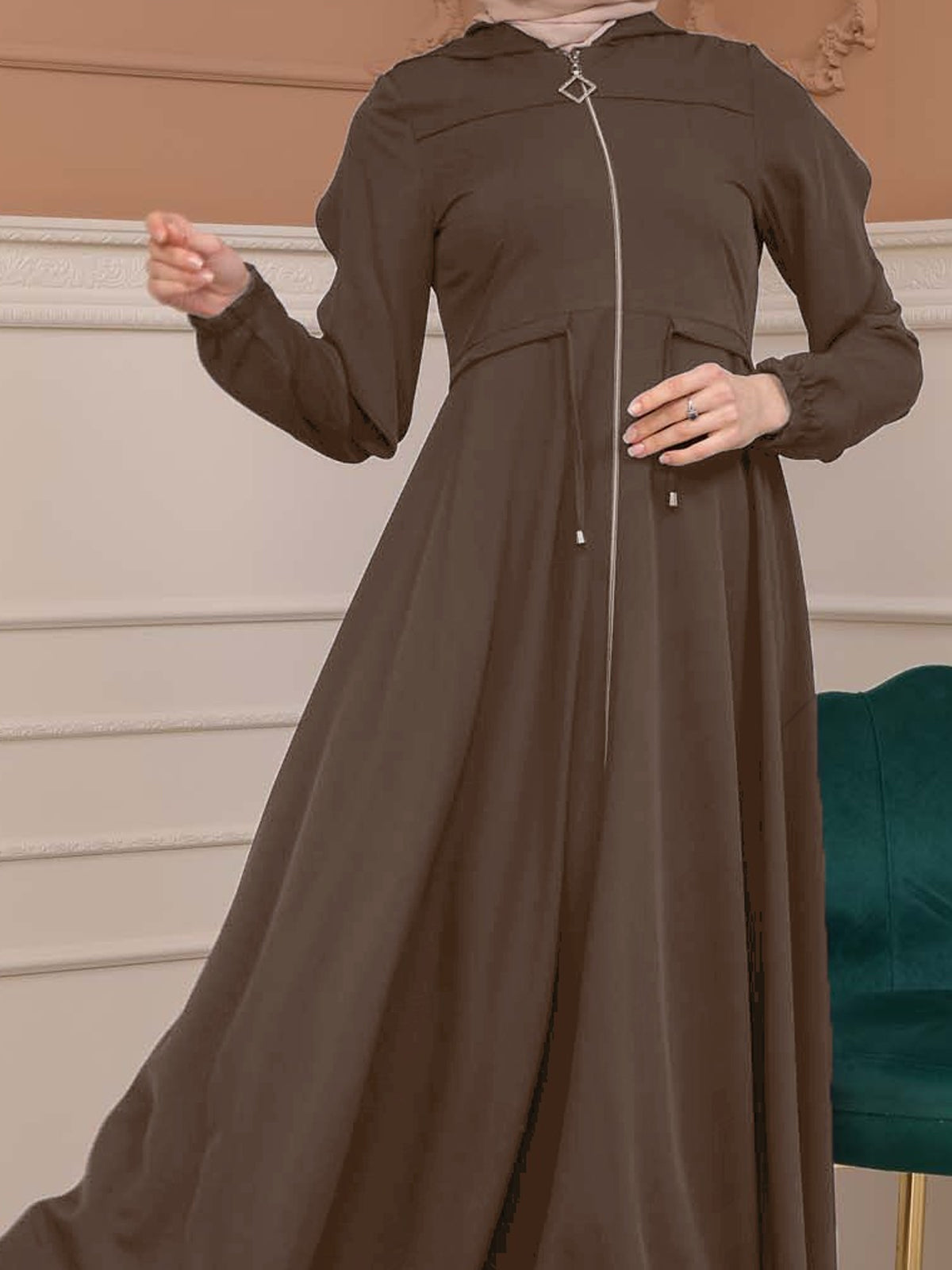 Modest Abaya With Flared Sleeve Detail 677 - Braun