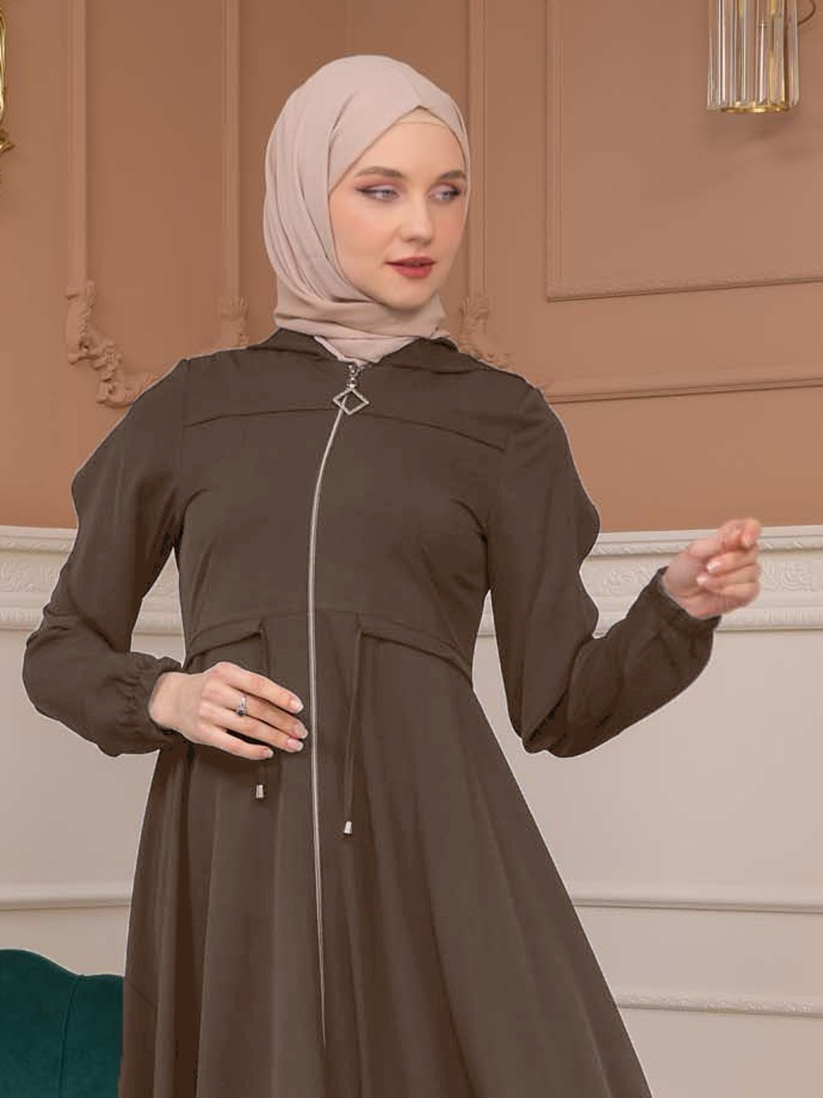 Modest Abaya With Flared Sleeve Detail 677 - Braun