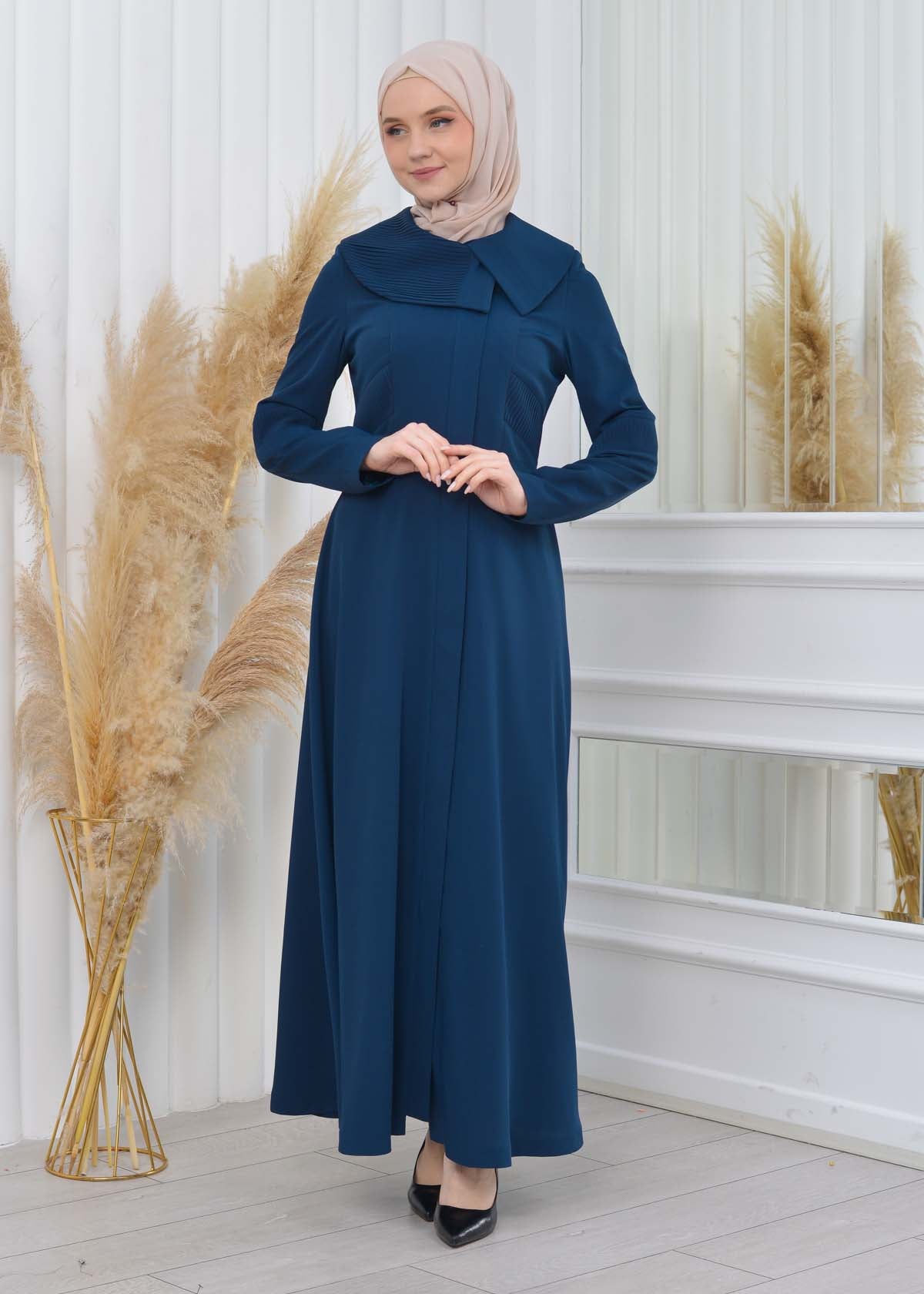 Brada-Mantel mit Plissee-Kragen und Seitendetails 1201 - Türkis