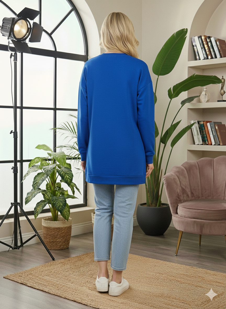 Langes Baumwoll-Sweatshirt mit modischem Print 103 - Blau