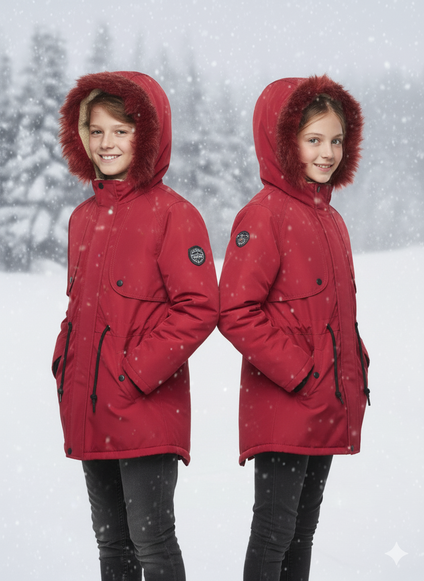 Mit Fell gefütterte Winter-Parka-Jacke für Kinder 5138 - Rot