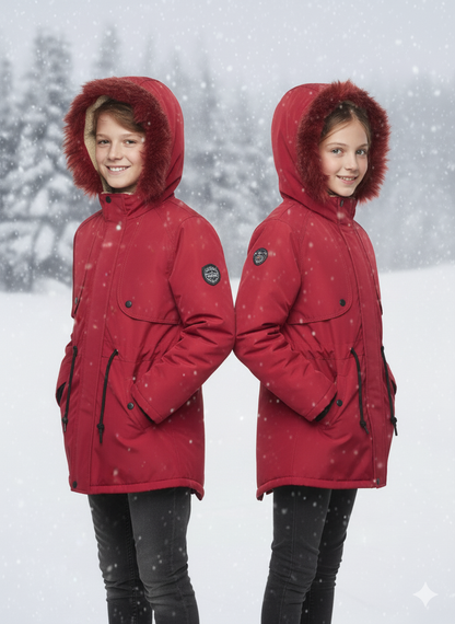 Mit Fell gefütterte Winter-Parka-Jacke für Kinder 5138 - Rot