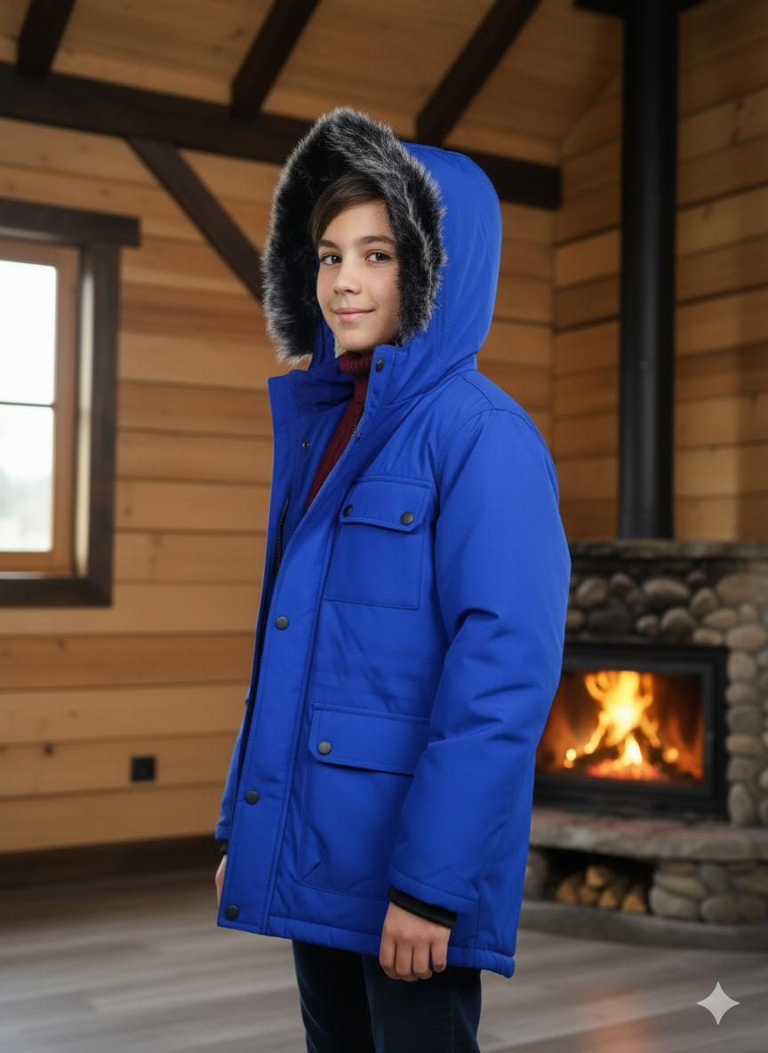 Mit Fell gefütterte Winter-Parka-Jacke für Kinder 5139 - Blau