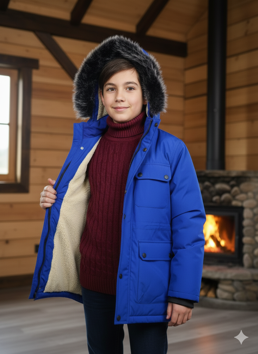 Mit Fell gefütterte Winter-Parka-Jacke für Kinder 5139 - Blau